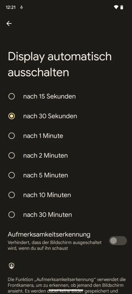 Bildschirm Timeout Zeitraum bei Google Pixel 7